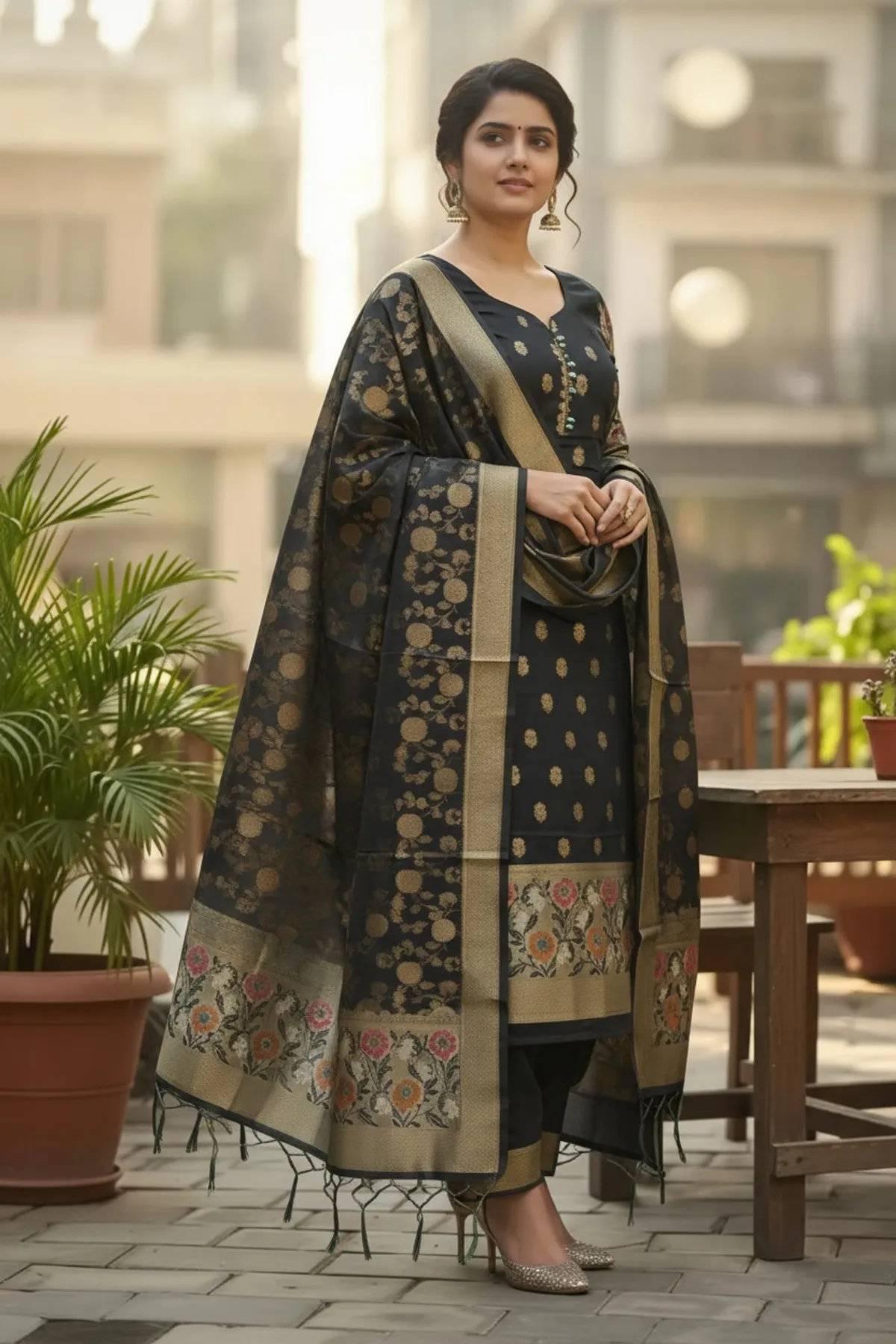 Black banarasi cotton Suit With gold Zari Buti for Women